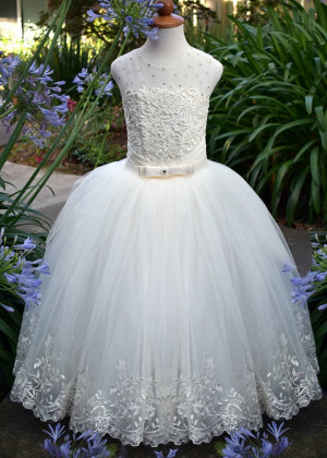 Beaded Ivory Lace Tulle Keyhole Back Flower Girl Dress